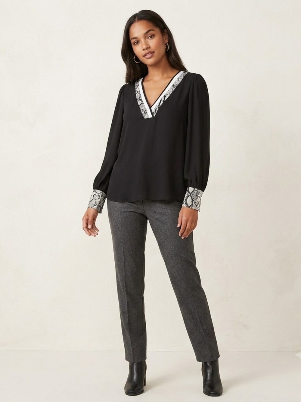 Express Black V-Neck Blouse with Snake-Print Trim